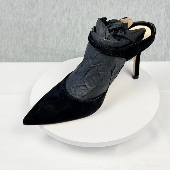 Nine West Danela Black Suede Pointed Toe Mule Heels 6.5M Gold Buckle Strap - Picture 1 of 11
